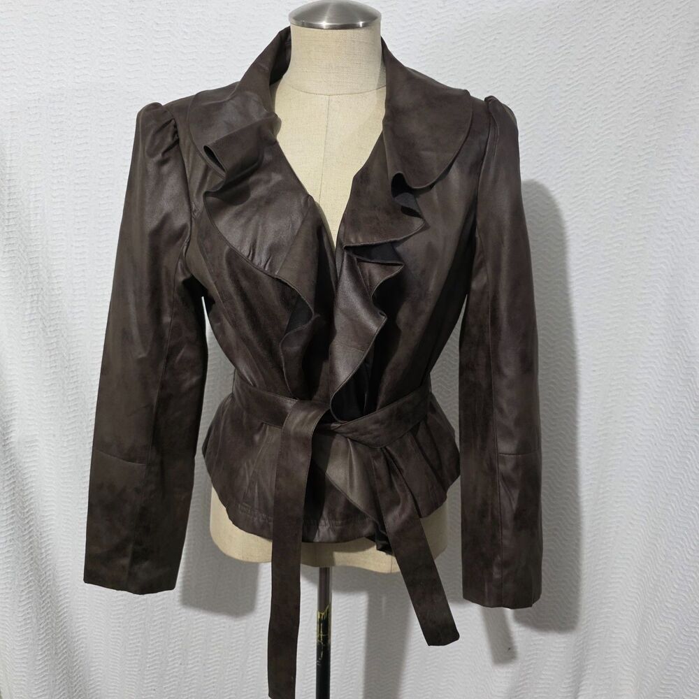 NWT Worthington Distressed Brown Faux Leather Jacket Ruffle Belted Peplum Coat L